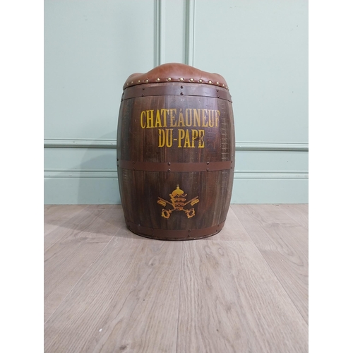 469 - Decorative pine and metal banded Chateauneuf Du Pape barrel seat. {46 cm H x 32 cm Dia.}.