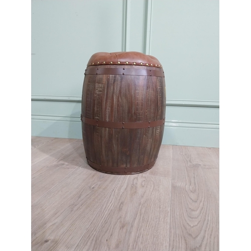 469 - Decorative pine and metal banded Chateauneuf Du Pape barrel seat. {46 cm H x 32 cm Dia.}.