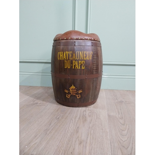 469 - Decorative pine and metal banded Chateauneuf Du Pape barrel seat. {46 cm H x 32 cm Dia.}.