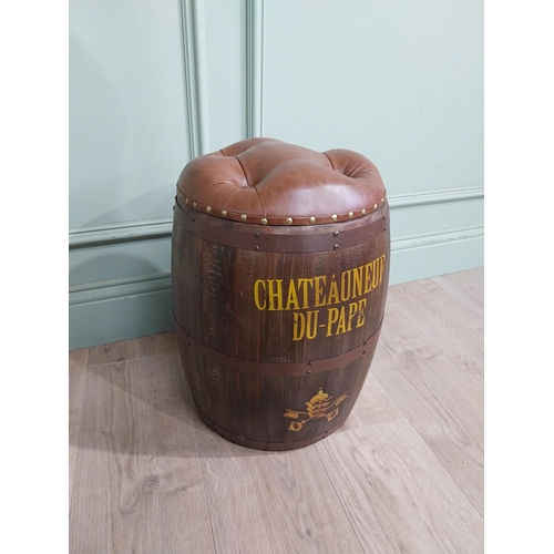 469 - Decorative pine and metal banded Chateauneuf Du Pape barrel seat. {46 cm H x 32 cm Dia.}.