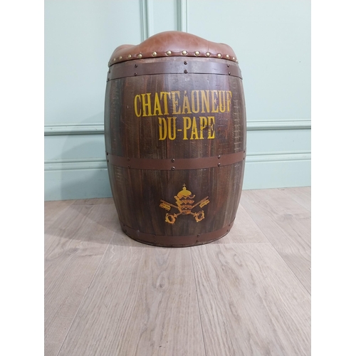 469 - Decorative pine and metal banded Chateauneuf Du Pape barrel seat. {46 cm H x 32 cm Dia.}.