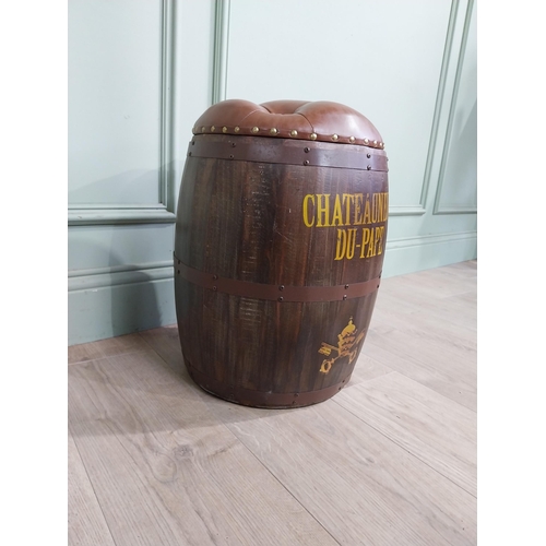 469 - Decorative pine and metal banded Chateauneuf Du Pape barrel seat. {46 cm H x 32 cm Dia.}.