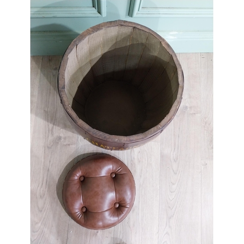 469 - Decorative pine and metal banded Chateauneuf Du Pape barrel seat. {46 cm H x 32 cm Dia.}.