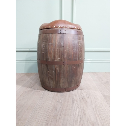 469 - Decorative pine and metal banded Chateauneuf Du Pape barrel seat. {46 cm H x 32 cm Dia.}.