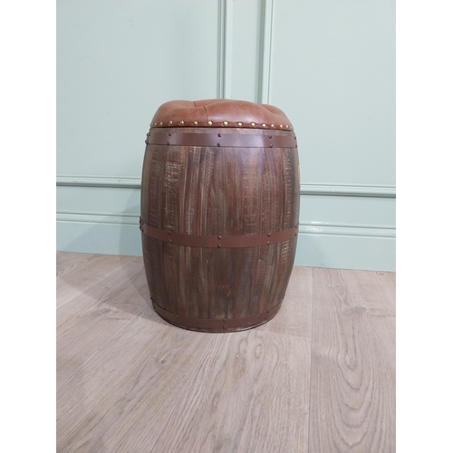 469 - Decorative pine and metal banded Chateauneuf Du Pape barrel seat. {46 cm H x 32 cm Dia.}.