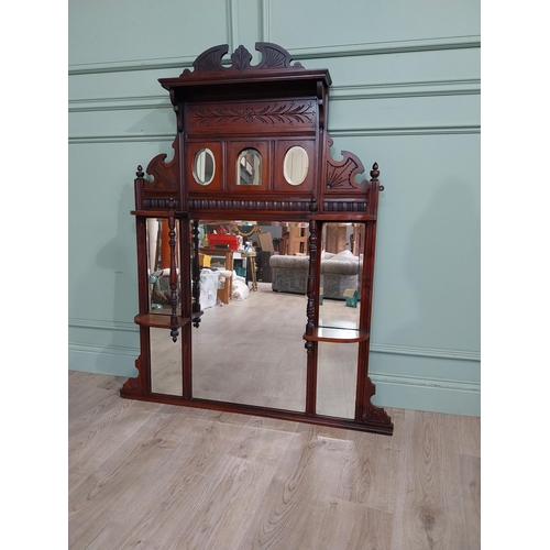 493 - Edwardian mahogany overmantel mirror with three small mirrored panels over three long panels. {136 c... 