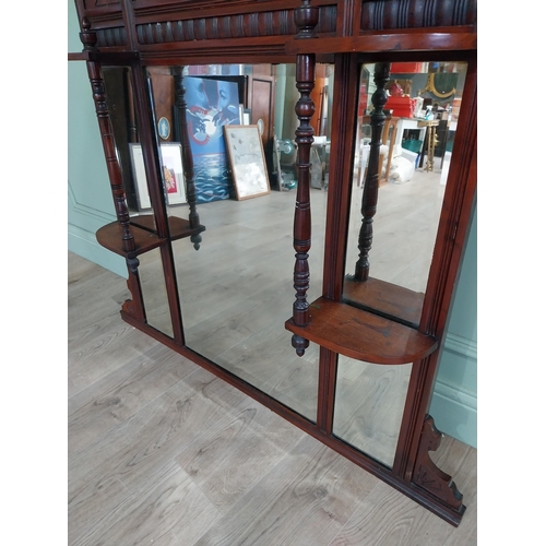 493 - Edwardian mahogany overmantel mirror with three small mirrored panels over three long panels. {136 c... 