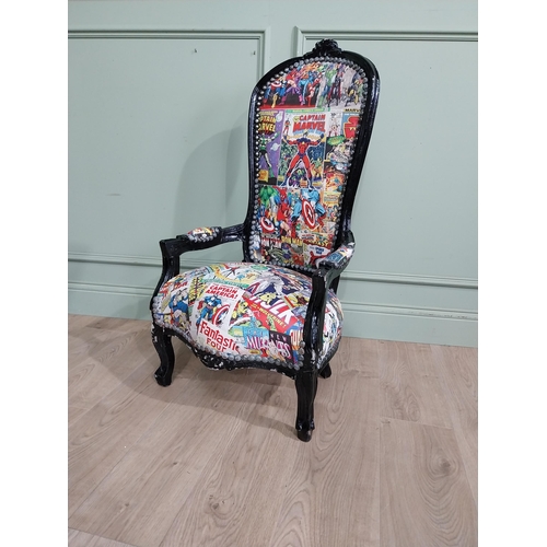 498 - French Child's chair upholstered with superhero figures. {100 cm H x 53 cm W x 45 cm D}.