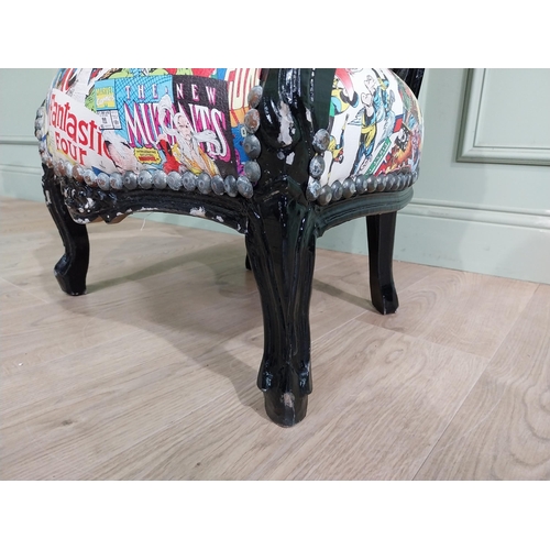 498 - French Child's chair upholstered with superhero figures. {100 cm H x 53 cm W x 45 cm D}.