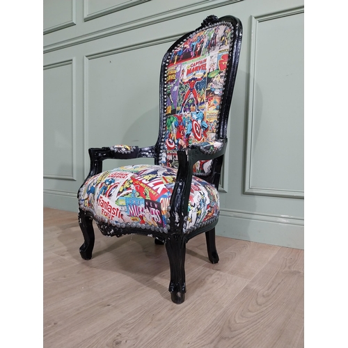 498 - French Child's chair upholstered with superhero figures. {100 cm H x 53 cm W x 45 cm D}.