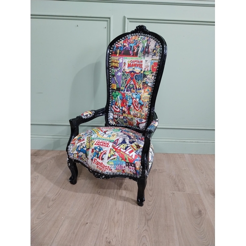 498 - French Child's chair upholstered with superhero figures. {100 cm H x 53 cm W x 45 cm D}.