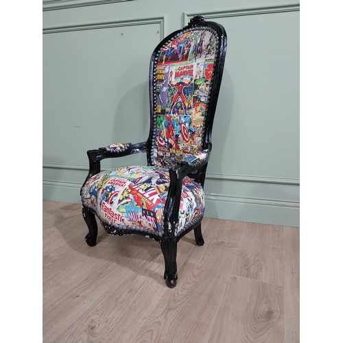 498 - French Child's chair upholstered with superhero figures. {100 cm H x 53 cm W x 45 cm D}.