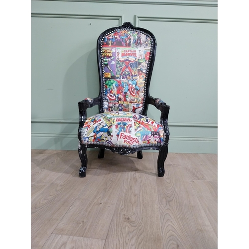 498 - French Child's chair upholstered with superhero figures. {100 cm H x 53 cm W x 45 cm D}.