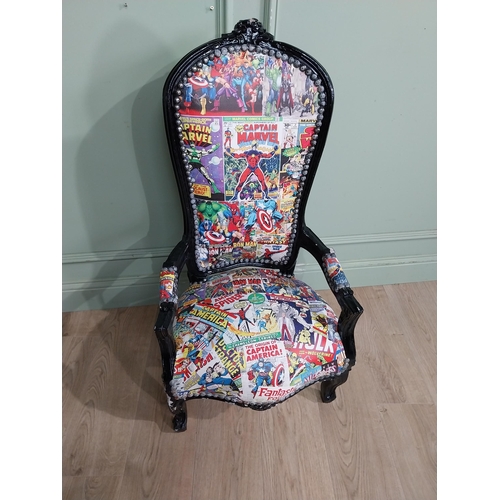 498 - French Child's chair upholstered with superhero figures. {100 cm H x 53 cm W x 45 cm D}.