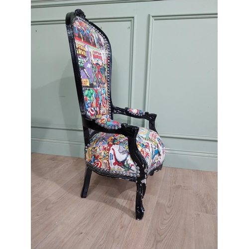 498 - French Child's chair upholstered with superhero figures. {100 cm H x 53 cm W x 45 cm D}.