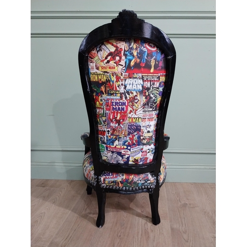 498 - French Child's chair upholstered with superhero figures. {100 cm H x 53 cm W x 45 cm D}.