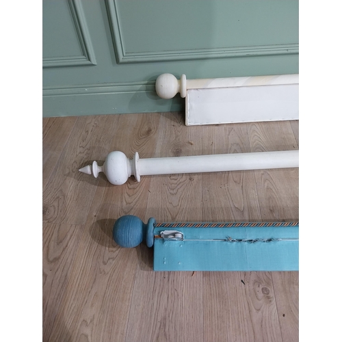 74 - Three painted pine curtain poles. {210 cm, 224 cm and 192 cm L}.