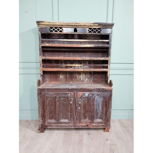 82 - 19th C. Galway Irish painted pine kitchen dresser with two long panelled doors over three plate rack... 