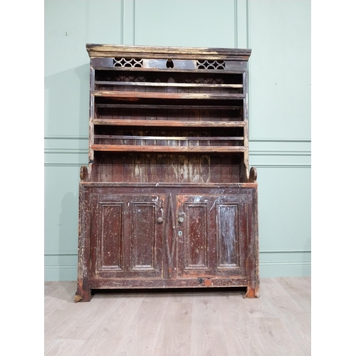 82 - 19th C. Galway Irish painted pine kitchen dresser with two long panelled doors over three plate rack... 