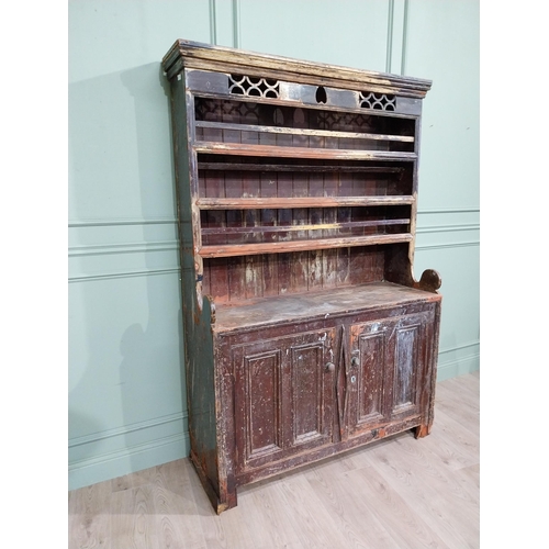 82 - 19th C. Galway Irish painted pine kitchen dresser with two long panelled doors over three plate rack... 