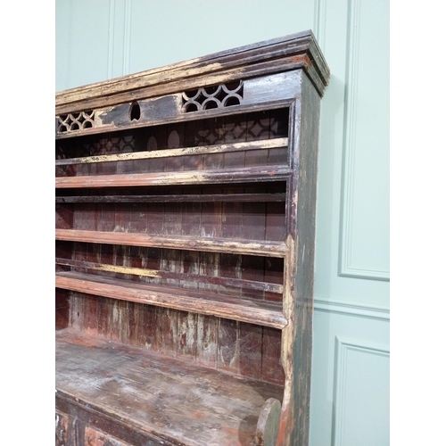 82 - 19th C. Galway Irish painted pine kitchen dresser with two long panelled doors over three plate rack... 