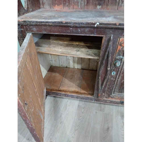 82 - 19th C. Galway Irish painted pine kitchen dresser with two long panelled doors over three plate rack... 