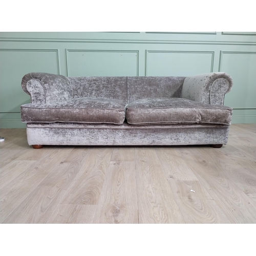 91 - Good quality crushed velvet upholstered sofa with Duck down feather cushions. {68 cm H x 200 cm W x ... 