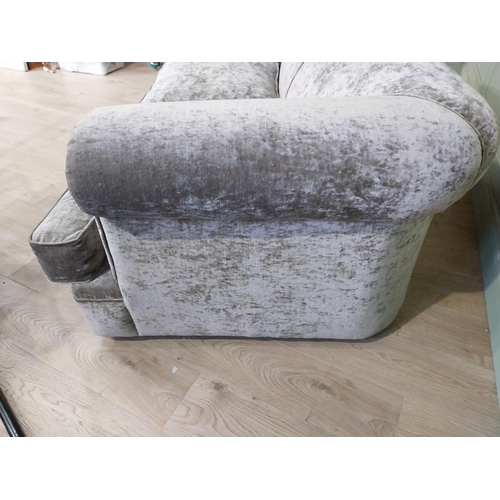 91 - Good quality crushed velvet upholstered sofa with Duck down feather cushions. {68 cm H x 200 cm W x ... 