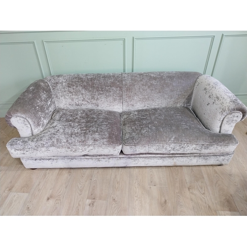 92 - Good quality crushed velvet upholstered sofa with Duck down feather cushions. {68 cm H x 230 cm W x ... 