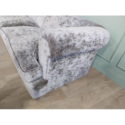 92 - Good quality crushed velvet upholstered sofa with Duck down feather cushions. {68 cm H x 230 cm W x ... 