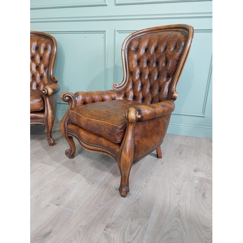 95 - Pair of good quality walnut and leather upholstered armchairs in the Victorian style. {106 cm H x 80... 