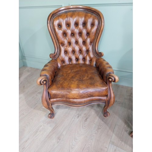 95 - Pair of good quality walnut and leather upholstered armchairs in the Victorian style. {106 cm H x 80... 