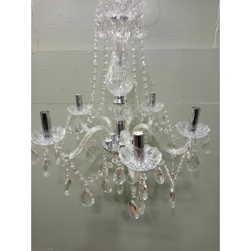 102 - Chrome and cut glass five branch chandelier {H 100cm x Dia 60cm }