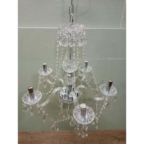 102 - Chrome and cut glass five branch chandelier {H 100cm x Dia 60cm }