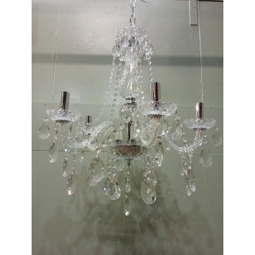 102 - Chrome and cut glass five branch chandelier {H 100cm x Dia 60cm }