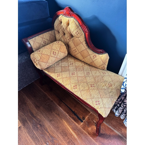 163 - Mahogany and upholstered hall seat.  H {86cm x W 88cm x D 39.5cm }