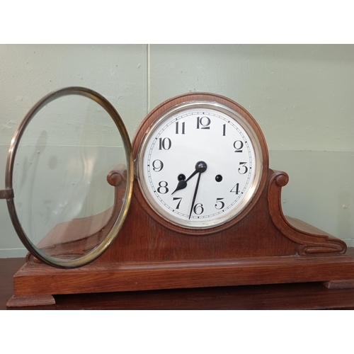 20 - Mahogany mantle clock. {H 29cm x W 54cm x D 15cm }