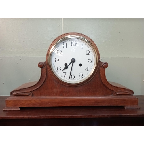 20 - Mahogany mantle clock. {H 29cm x W 54cm x D 15cm }