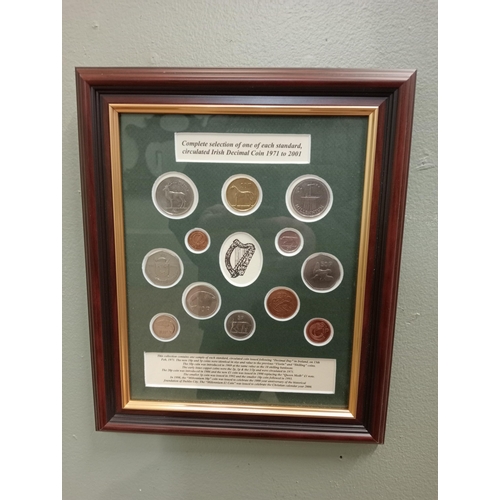 279 - Framed complete selection of Irish Decimal coins. 1971-2001 {H 32cm x W 26cm }