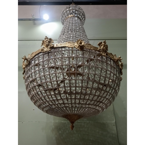 3 - Brass and cut glass pear drop chandelier. { H 100cm x Dia 60cm }