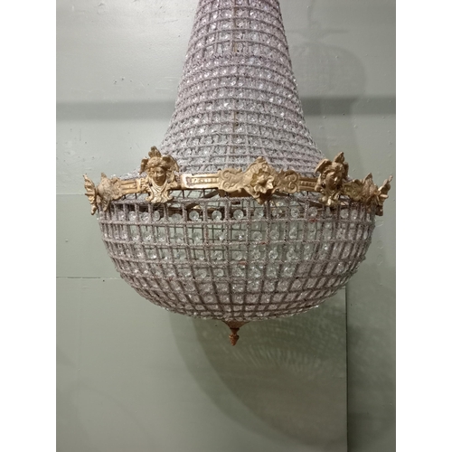 3 - Brass and cut glass pear drop chandelier. { H 100cm x Dia 60cm }