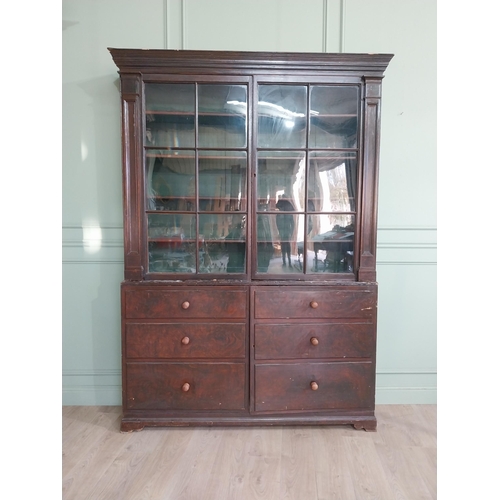 319 - Early 20th C. Original scumbled pine bookcase with two long glazed doors flanked by inset columns ov... 