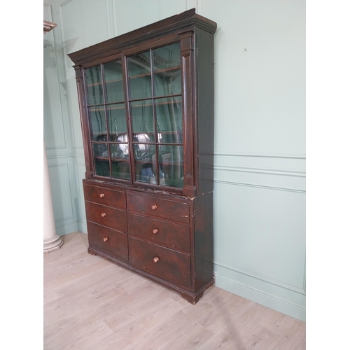 319 - Early 20th C. Original scumbled pine bookcase with two long glazed doors flanked by inset columns ov... 