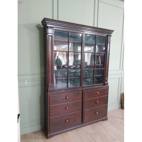 319 - Early 20th C. Original scumbled pine bookcase with two long glazed doors flanked by inset columns ov... 