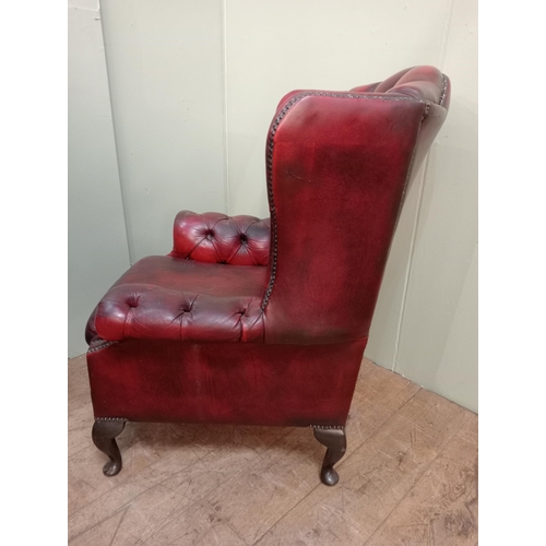 34 - Deep buttoned leather wingback armchair raised on cabriole legs and castors .  {H 104cm x W 78cm x D... 