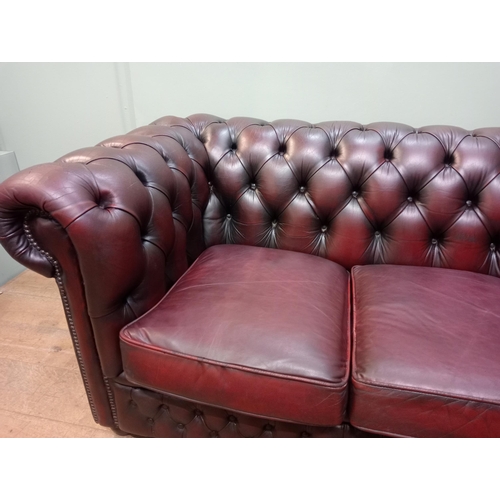 59 - Deep buttoned Chesterfield three seater red leather sofa raised on wooden bun feet  {H 76cm x W 194c... 