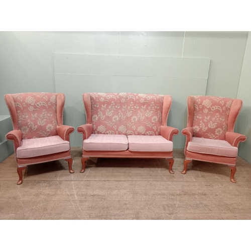 66 - Parker Knoll three piece suite with pink floral upholstery. Sofa {H 98cm x W 135cm x D 86cm Chairs H... 