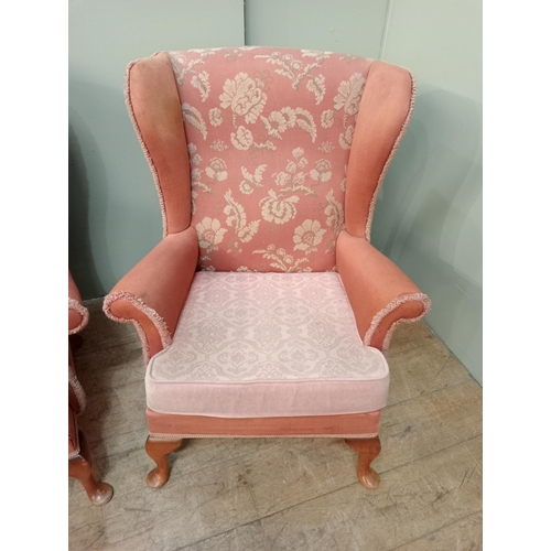 66 - Parker Knoll three piece suite with pink floral upholstery. Sofa {H 98cm x W 135cm x D 86cm Chairs H... 