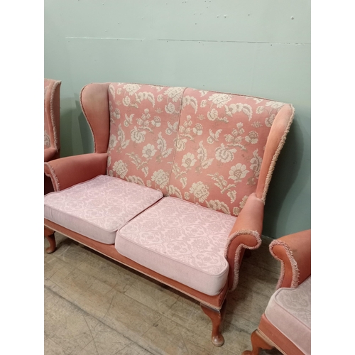 66 - Parker Knoll three piece suite with pink floral upholstery. Sofa {H 98cm x W 135cm x D 86cm Chairs H... 