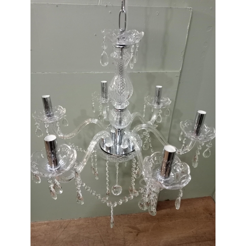 98 - Chrome and cut glass six  branch chandelier {H 100cm x Dia 60cm }